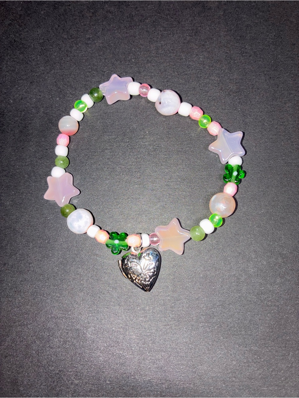 Pink and green heart locket bracelet